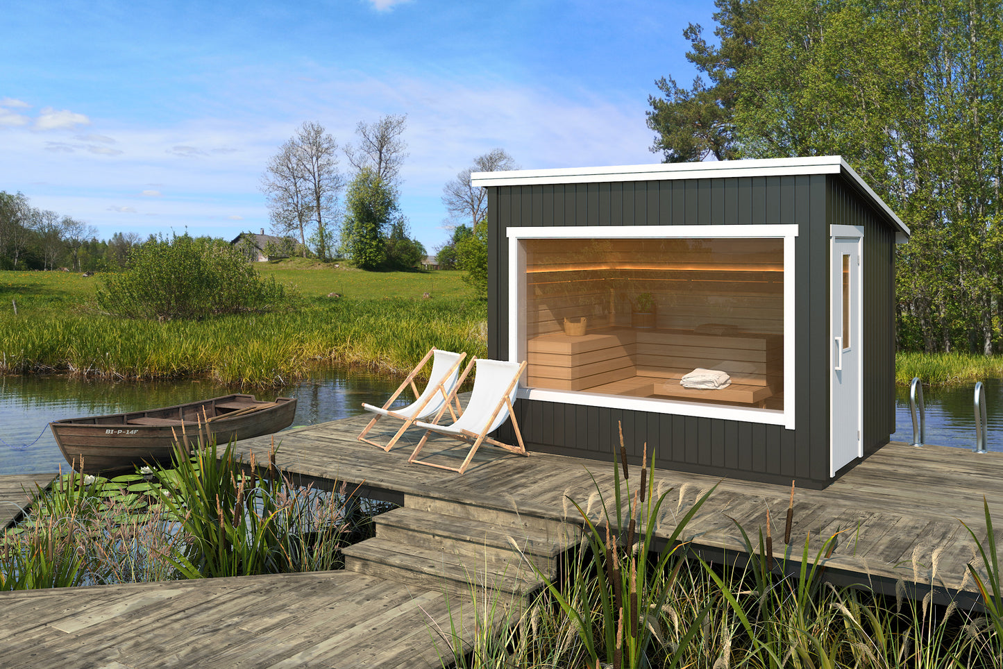 Outdoor sauna Saunamo Modular on a deck with chairs.