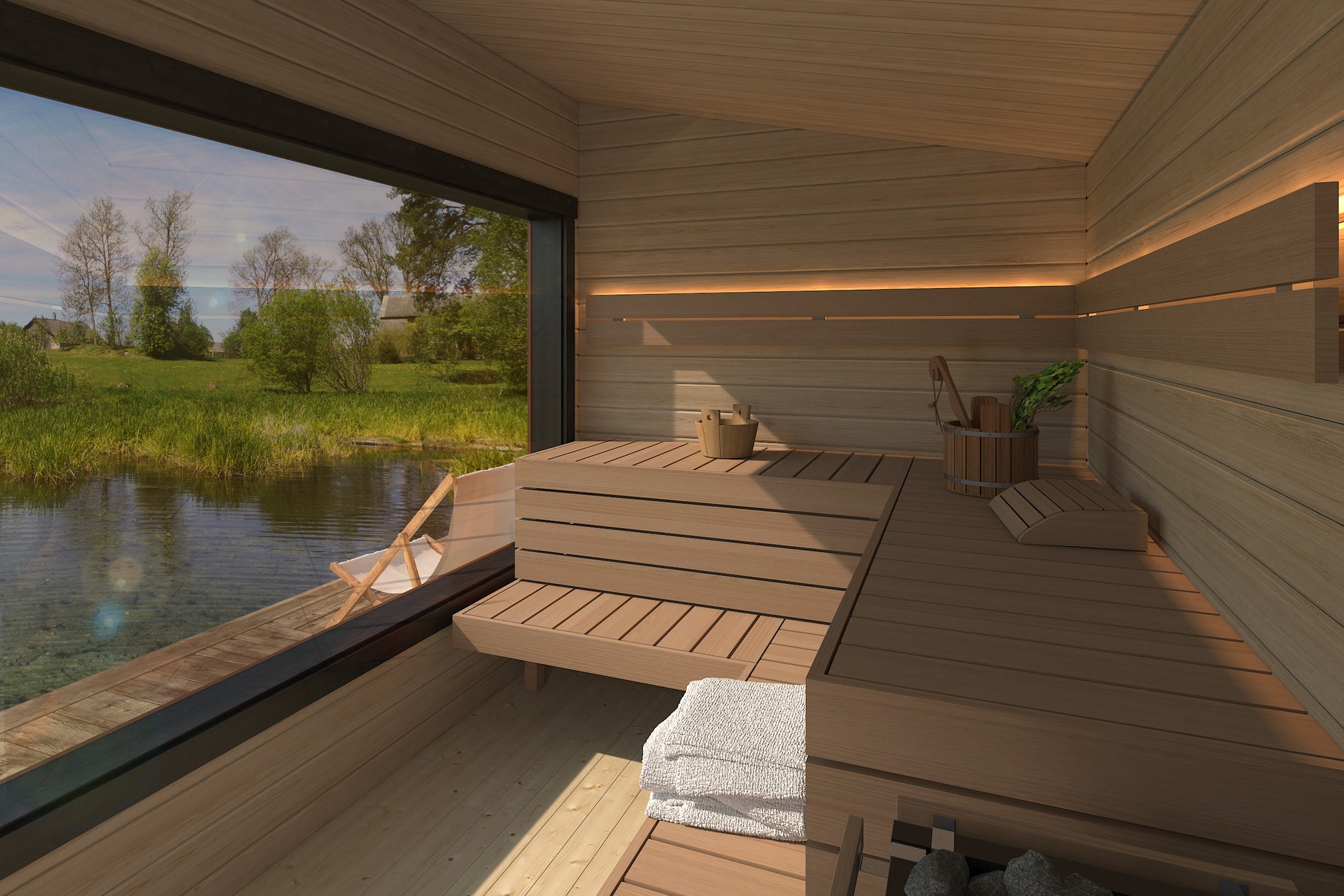 Outdoor sauna Saunamo Modular with lake and lawn views.