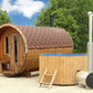 Barrel sauna and outdoor hot tub.