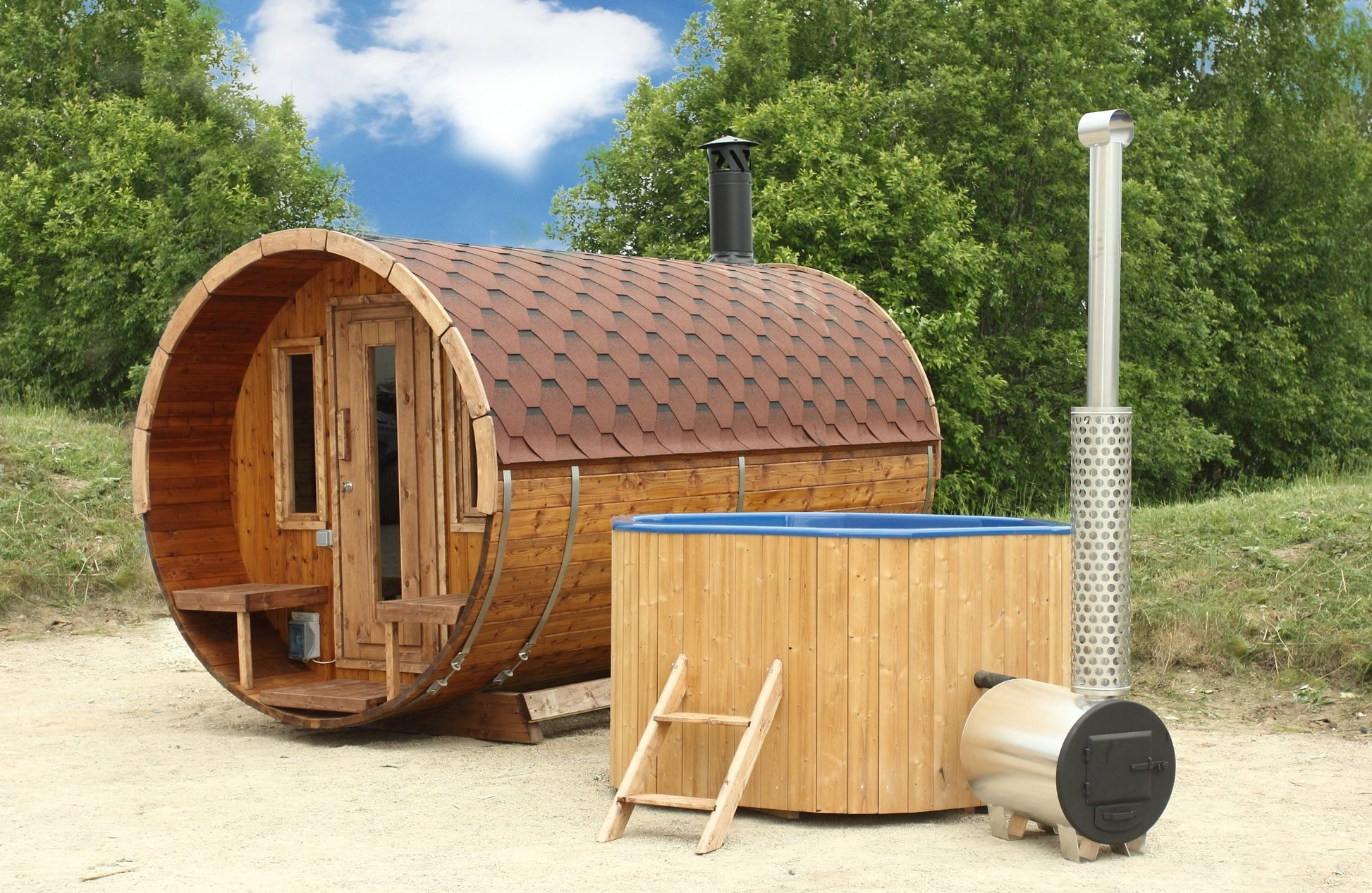 Barrel sauna and outdoor hot tub.