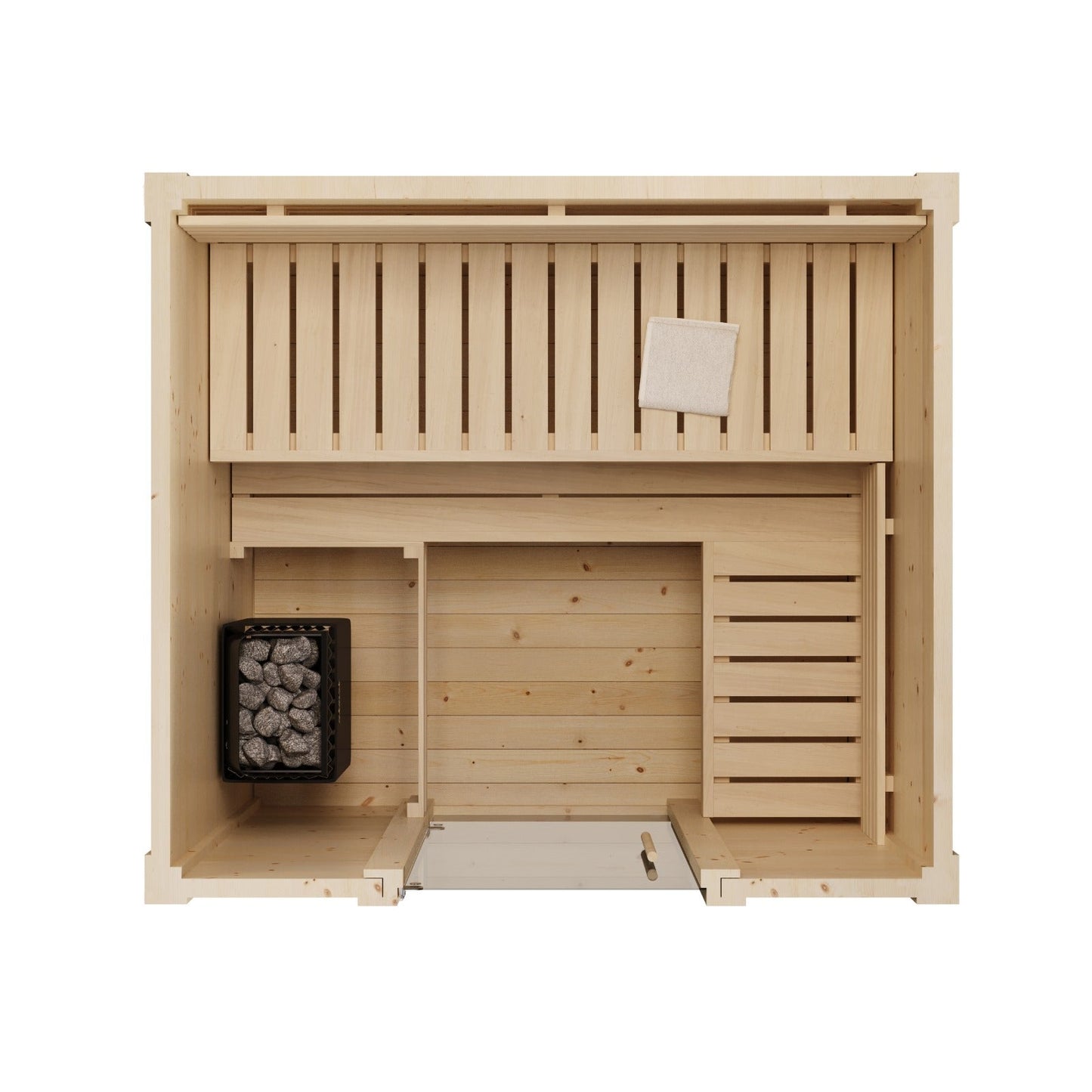 Closed sauna Saunamo Box with black basket and white towel