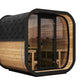 Modern Cube 220 sauna with glass door and bench.