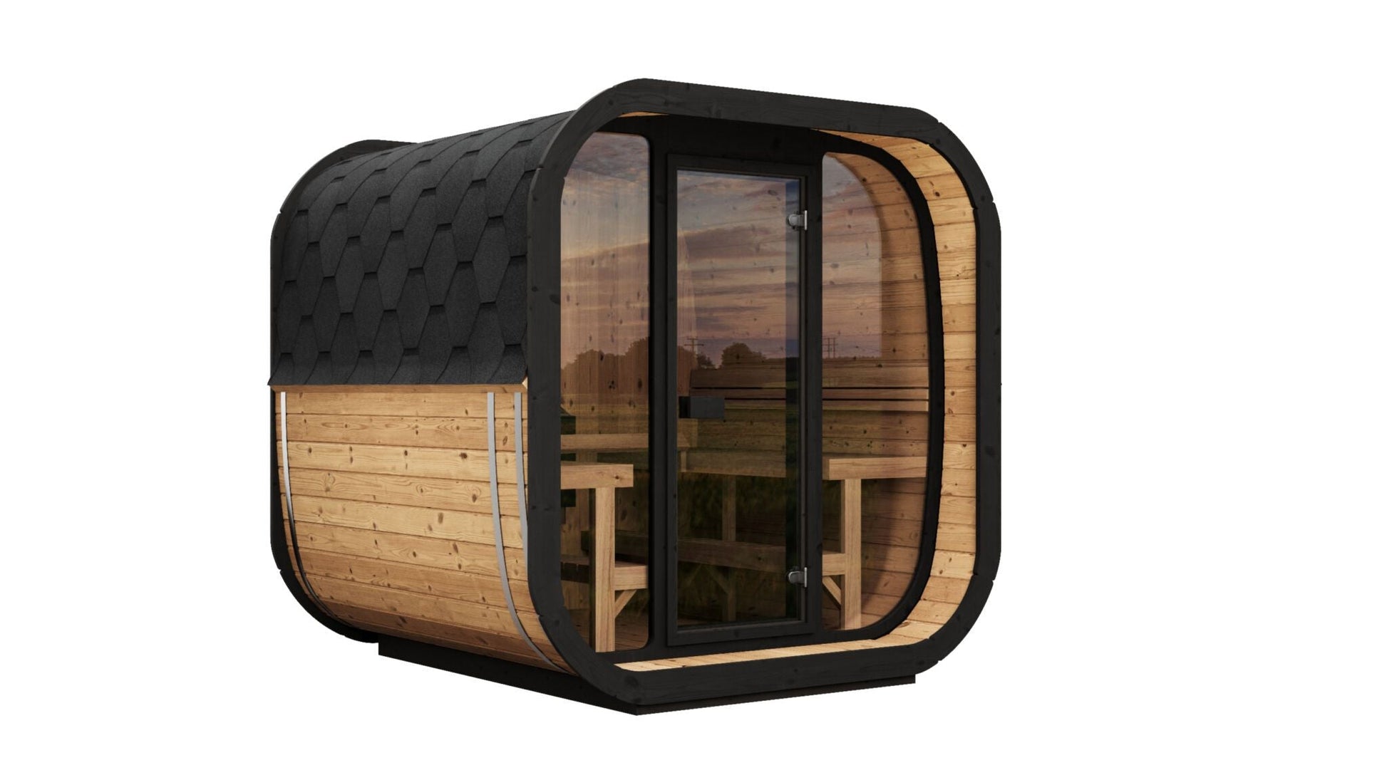 Modern Cube 220 sauna with glass door and bench.