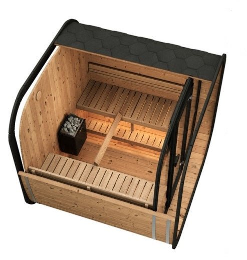 Modern sauna Saunamo Cube 220 with black door.