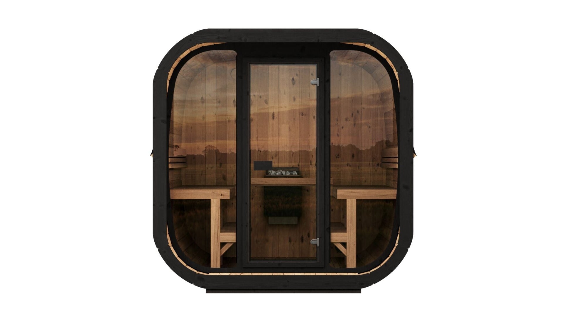 Modern sauna Saunamo Cube 220 with glass door.