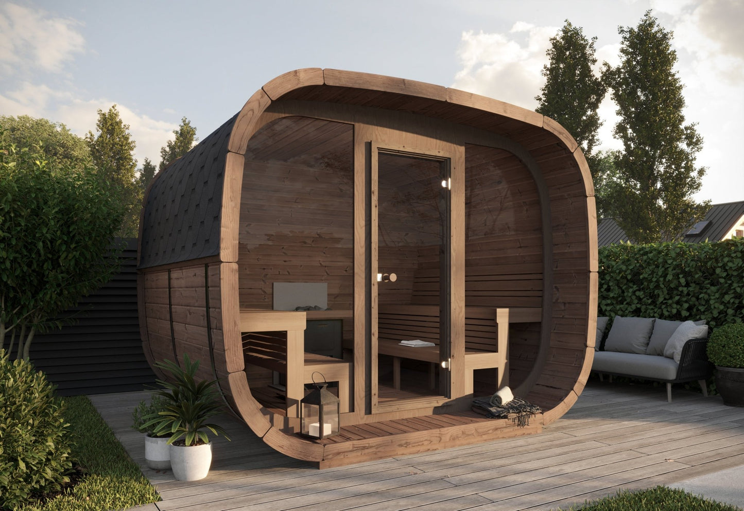 Sauna Saunamo Cubus with wood and glass structure.