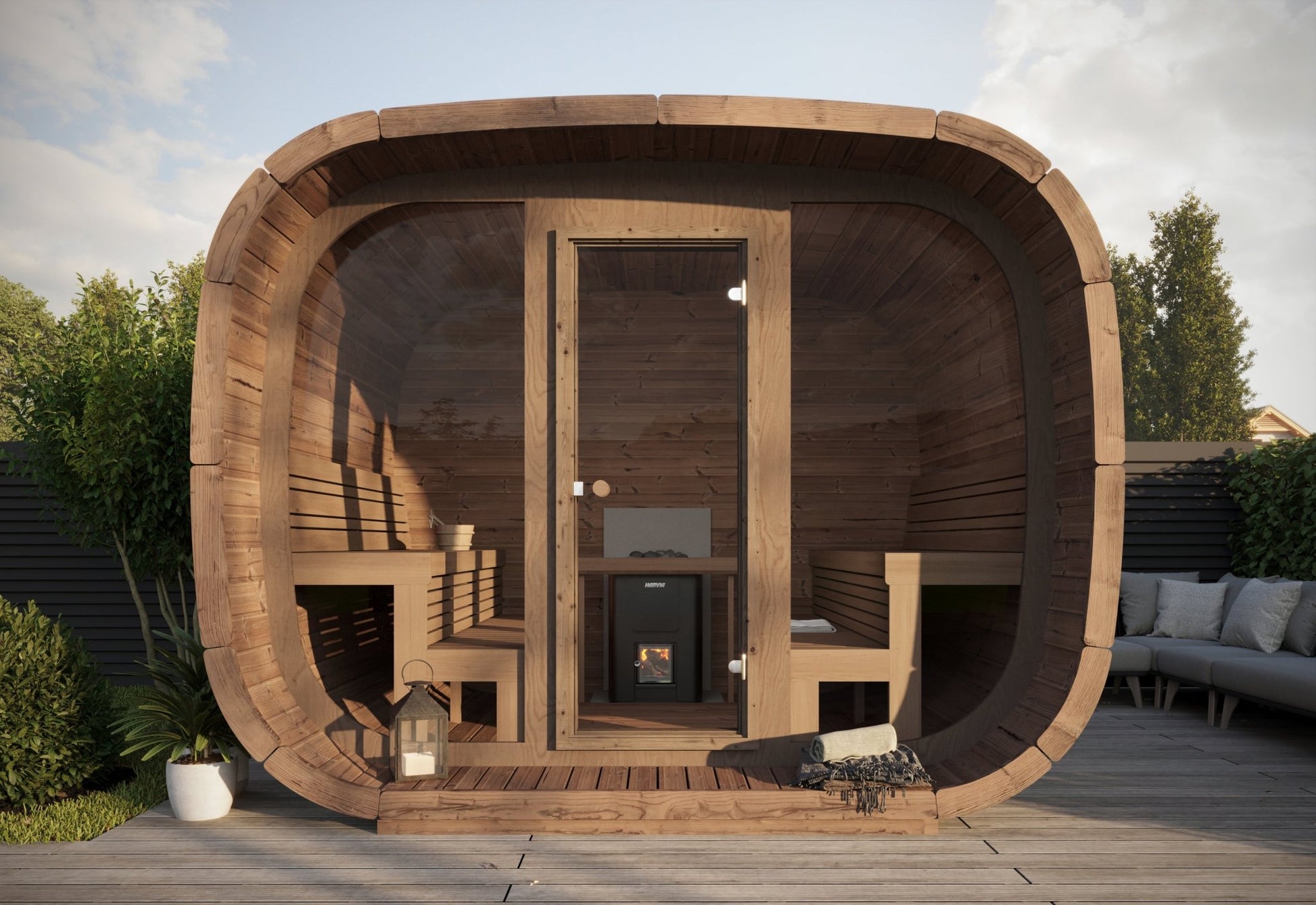 Wooden sauna Saunamo Cubus with fireplace and exterior view.