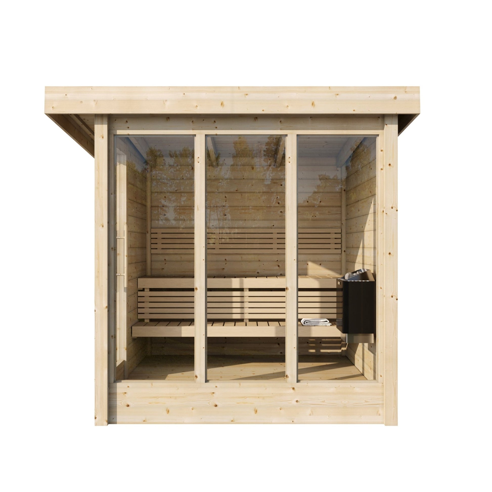 Wooden sauna Saunamo Deluxe with glass doors.