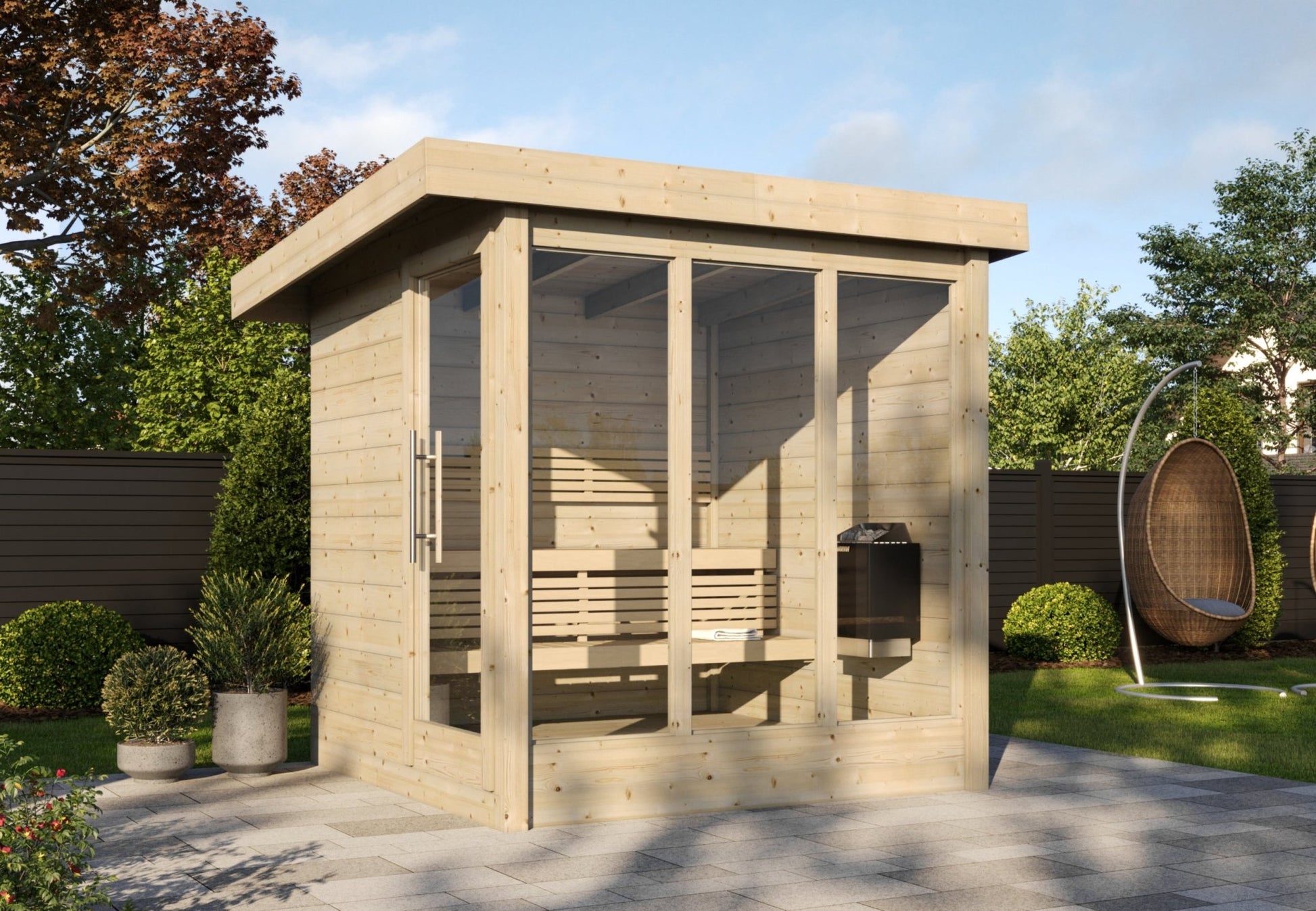 Outdoor sauna Saunamo Deluxe with glass doors.