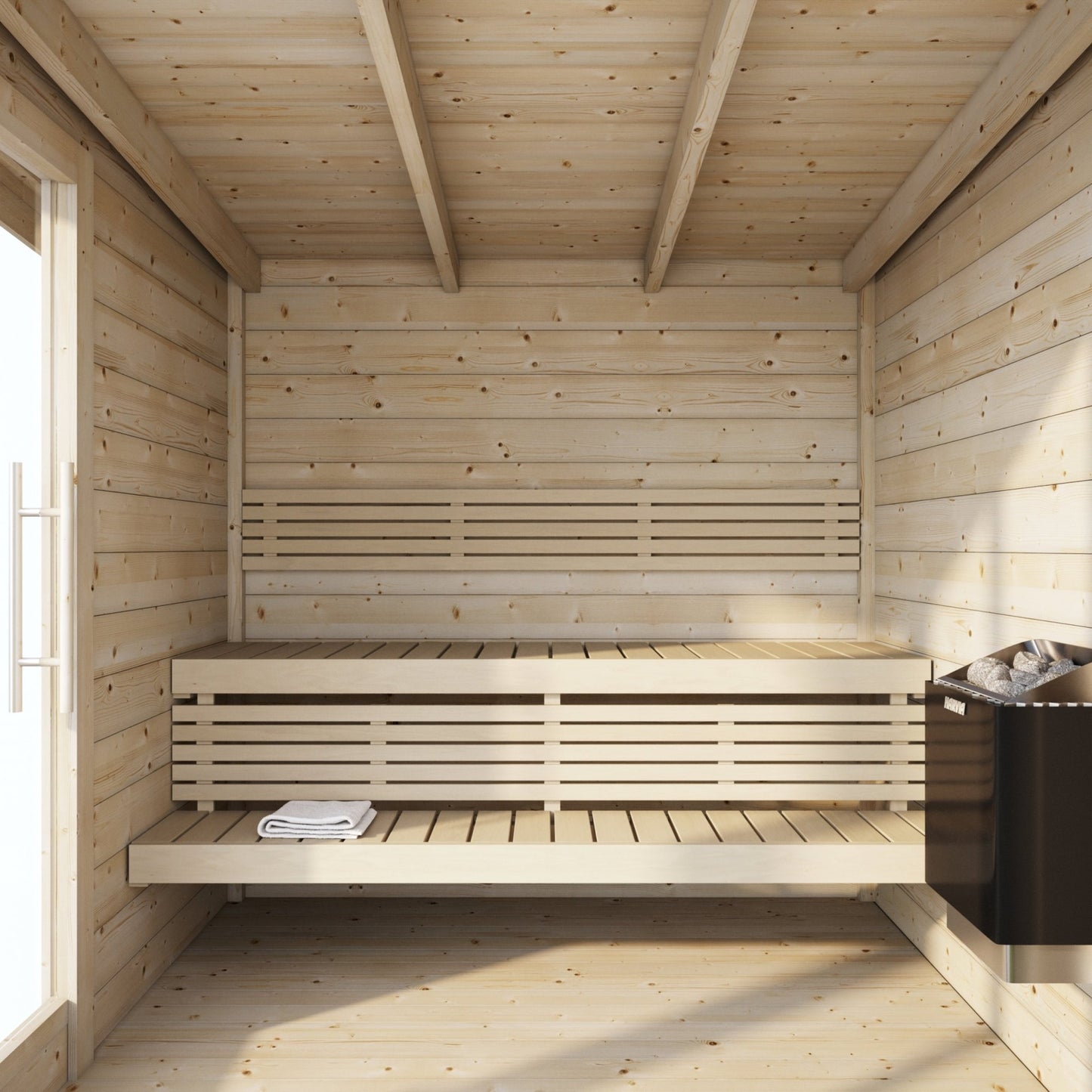 Wooden sauna with benches and heater, Saunamo Deluxe.