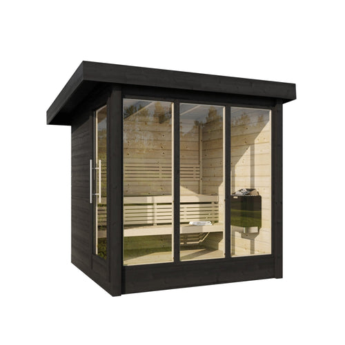 Sauna Exterior Deluxe com portas de vidro e bancos internos.