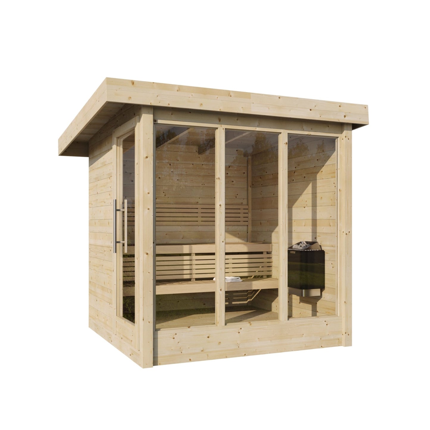 Outdoor sauna Saunamo Deluxe with glass doors.