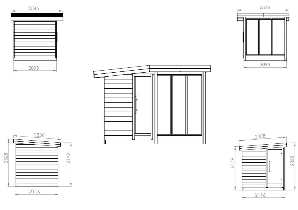 Technical drawing of the Saunamo Deluxe outdoor sauna.