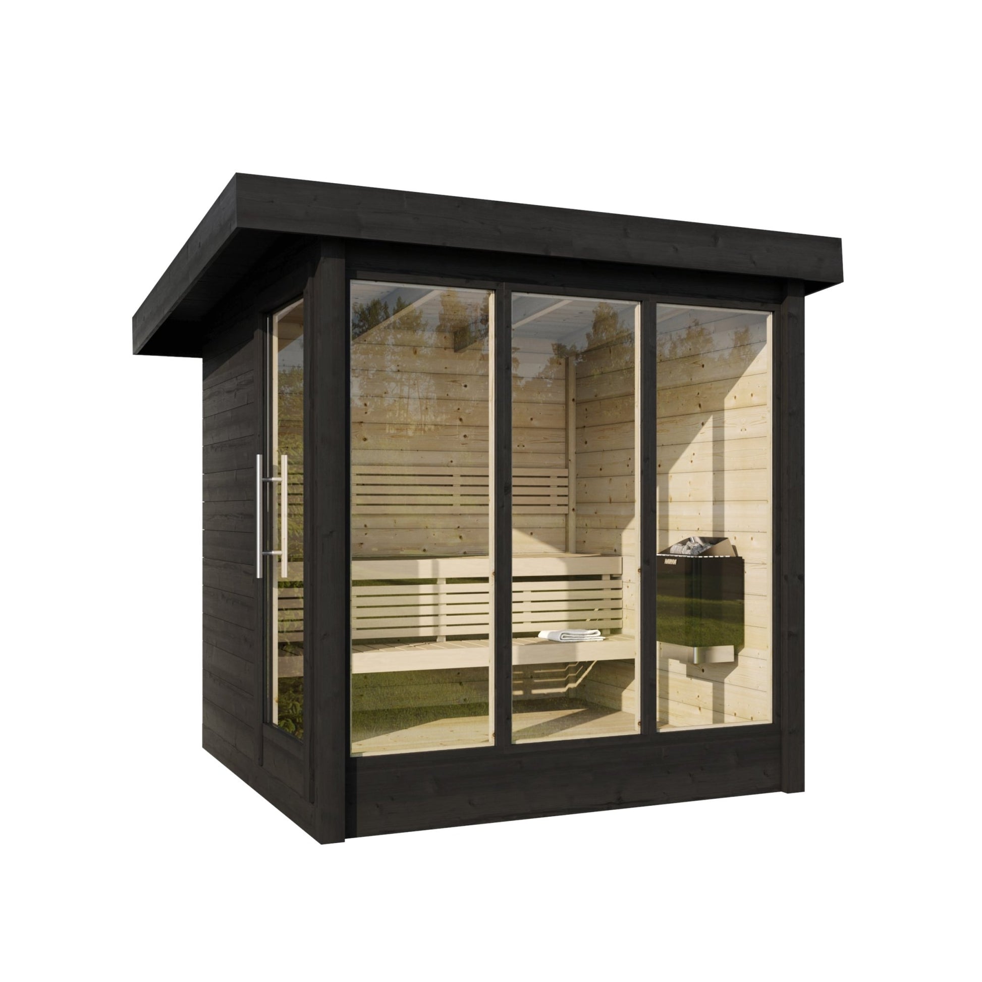 Outdoor sauna Saunamo Deluxe with glass doors.