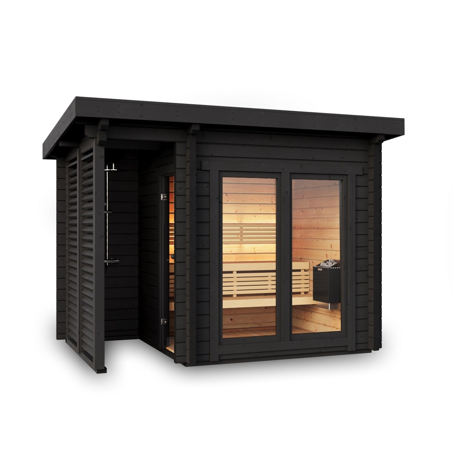 Sauna Saunamo Deluxe Plus in fir wood with glass door.