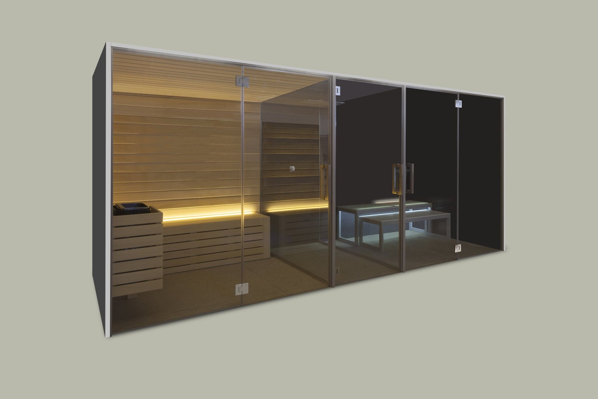 Saunamo Dual: Sauna and Hammam with glass wall and comfortable seating.