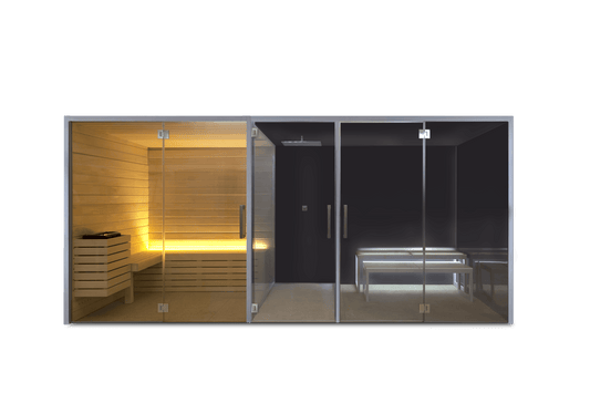 Saunamo Dual: Sauna and Hammam with glass wall and benches.