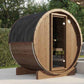 Barrel sauna Saunamo Ergo with door and lantern.