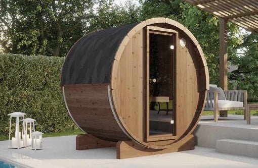 Barrel sauna Saunamo Ergo with door and lantern.