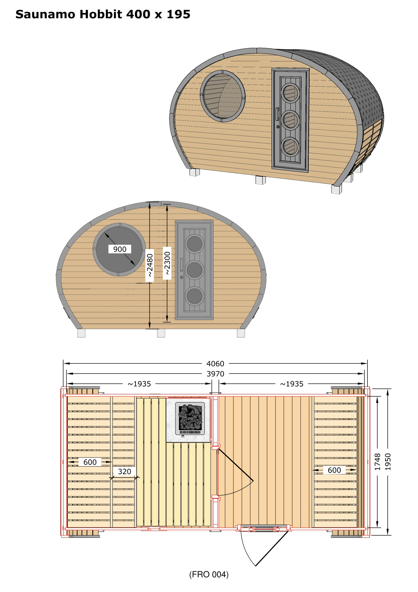 Outdoor sauna Saunamo Hobbit 195 in wood with a rustic curved design.