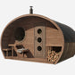 Outdoor wooden sauna Saunamo Hobbit 300 with round door and fireplace.