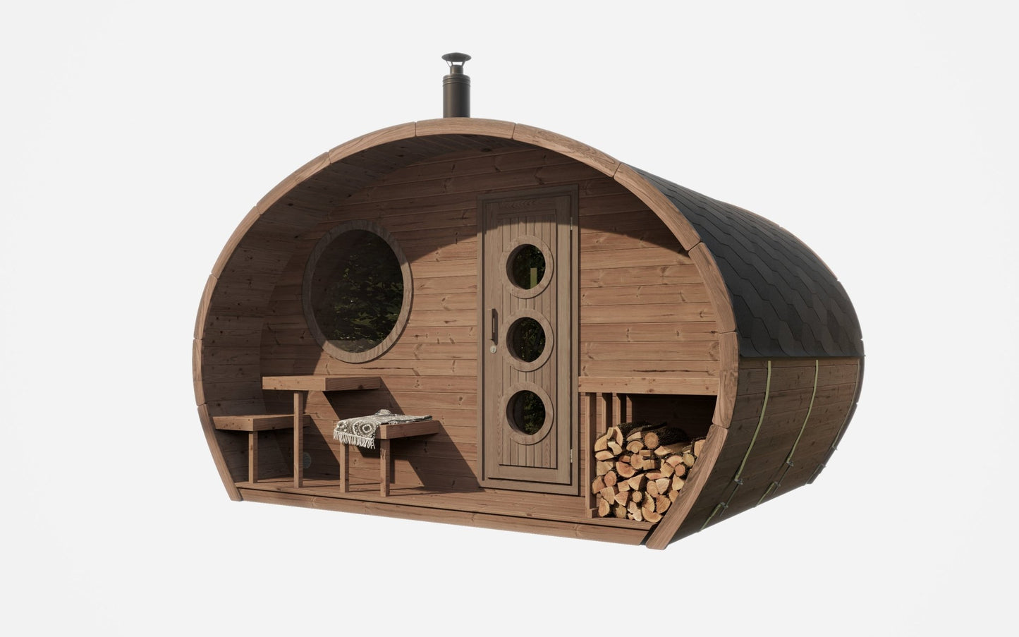 Outdoor wooden sauna Saunamo Hobbit 300 with round door and fireplace.