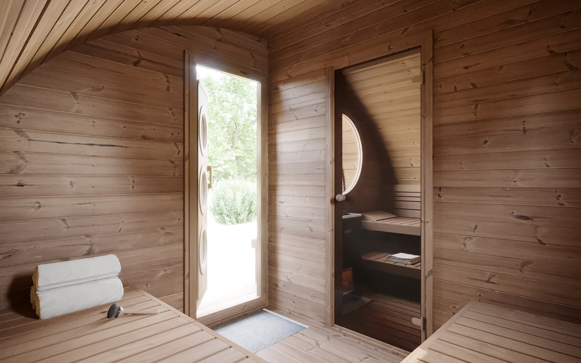 Outdoor sauna Saunamo Hobbit 300 with open door and window.