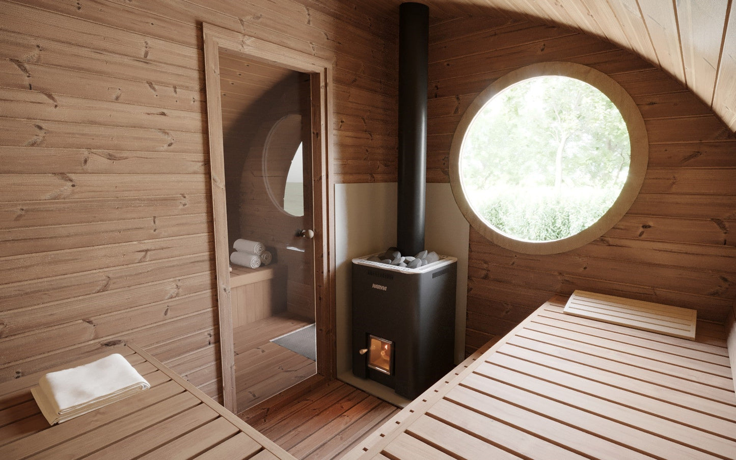 Outdoor sauna Saunamo Hobbit 300 with round window and compartment for firewood.