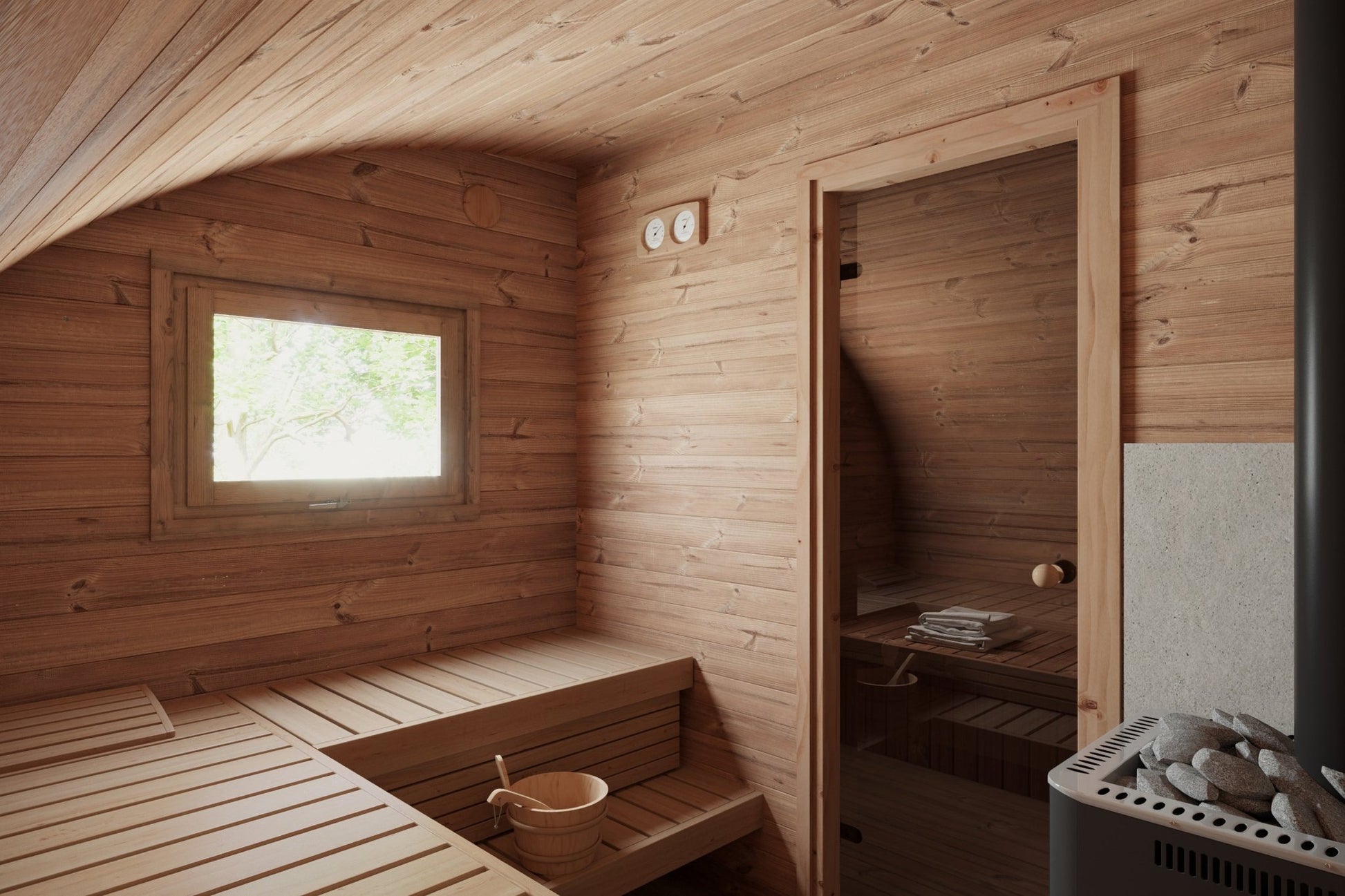 Sauna Saunamo Hobbit 500 with window and wooden bucket