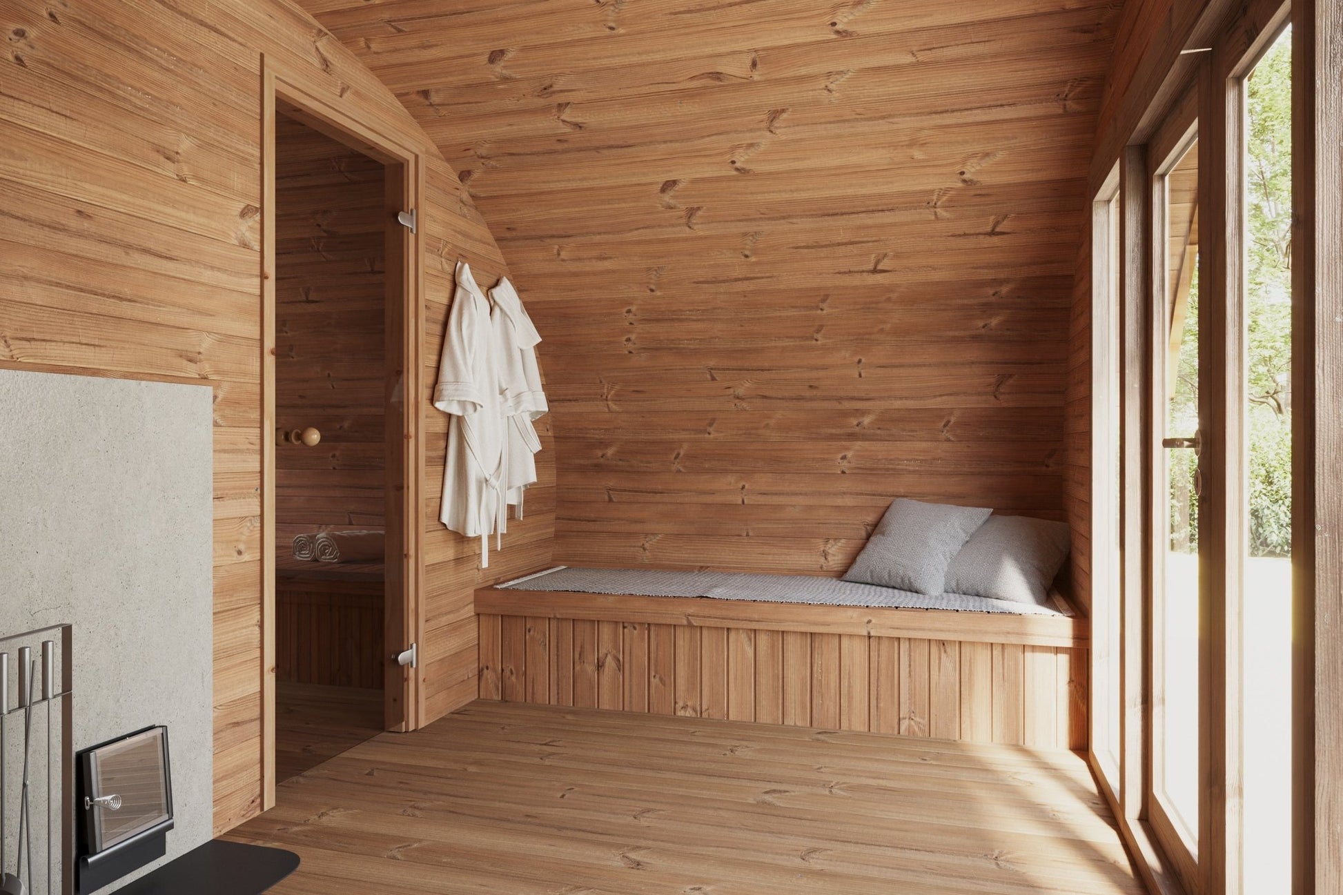 Spacious sauna Saunamo Hobbit 500 with 3 rooms and large windows.