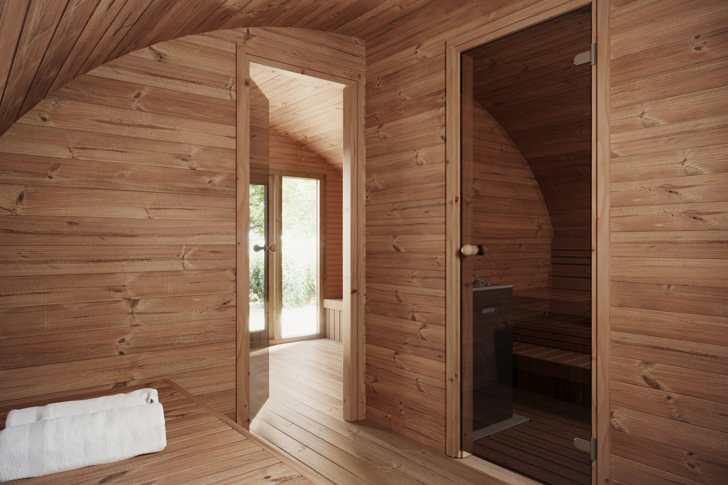 Sauna Saunamo Hobbit 500 with glass door and wooden wall.