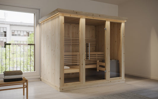 Large indoor sauna with tempered glass doors.