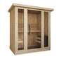 Mini indoor sauna with tempered glass doors.