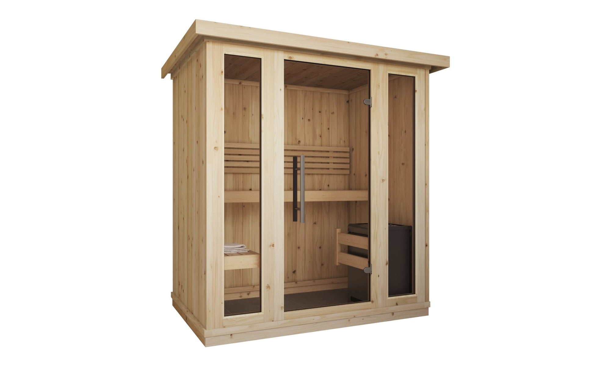 Mini indoor sauna with tempered glass doors.