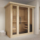 Mini wooden indoor sauna with glass doors.