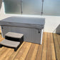 Hydromassage bathtub Saunamo Serena 190 on a wooden deck.