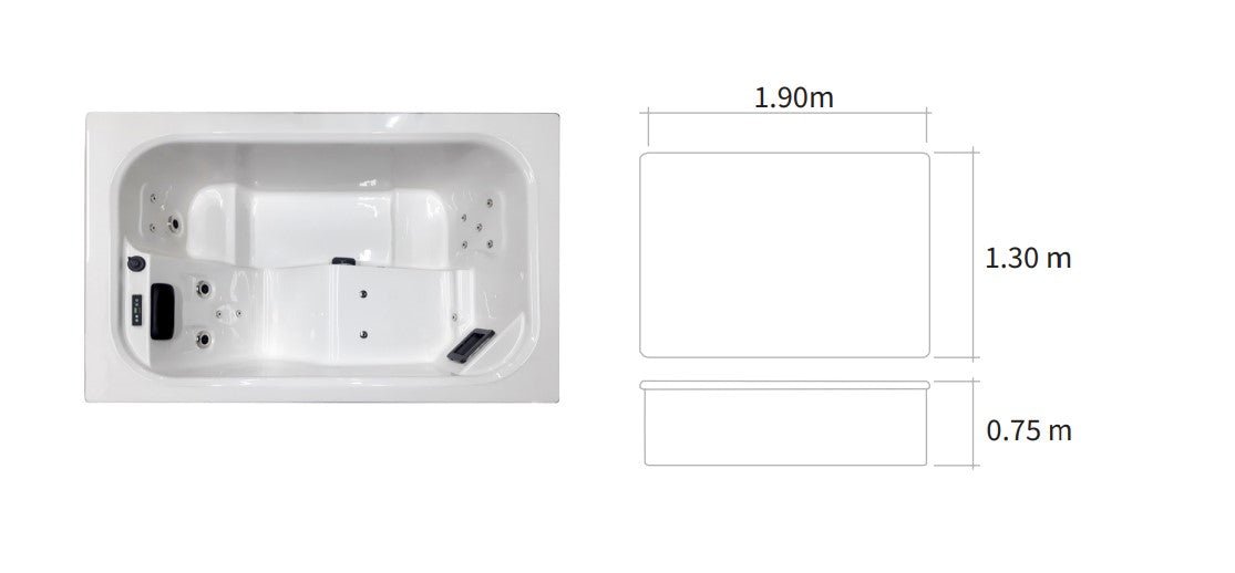 Bathtub Saunamo Serena 190 with jets and black handles.