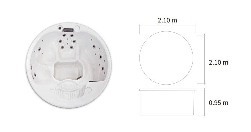 Bathtub Saunamo Serena 210 with modern design and diagram.