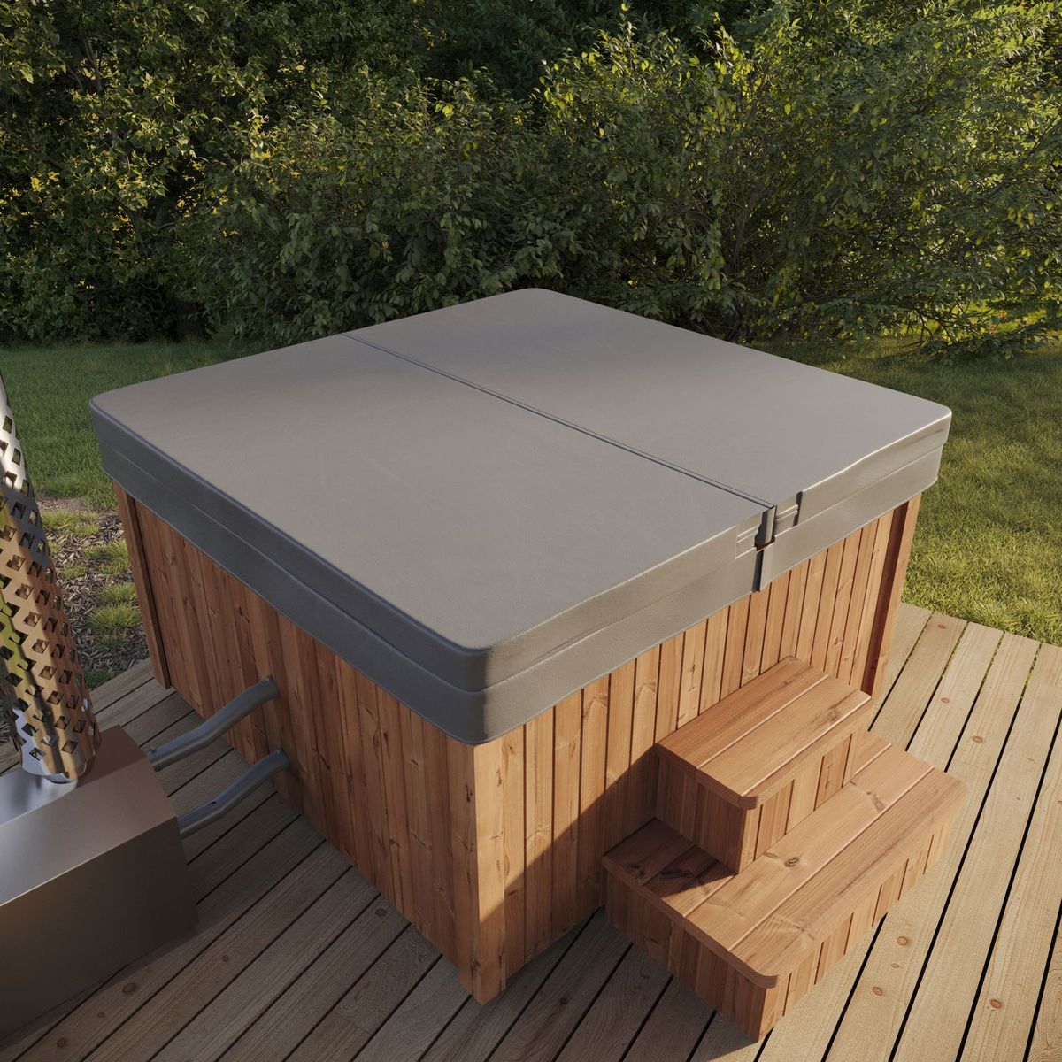 Outdoor hydromassage bath Saunamo Thermalux 190 on wooden deck.