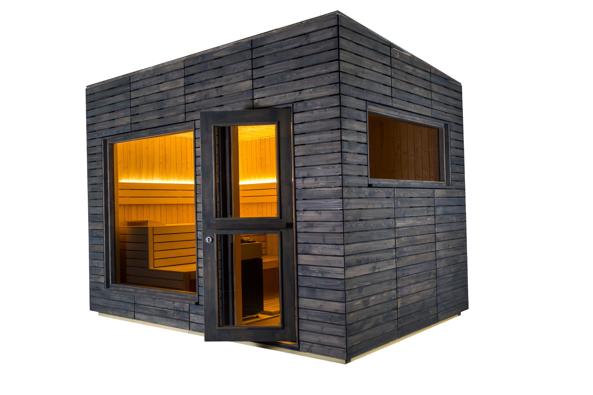 Large Alpine insulated outdoor sauna with door and windows.