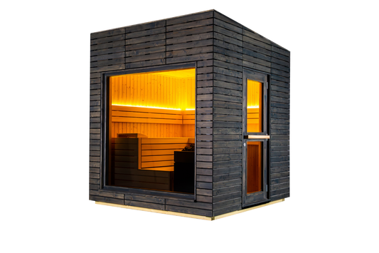 Alpine insulated outdoor sauna with illuminated window.