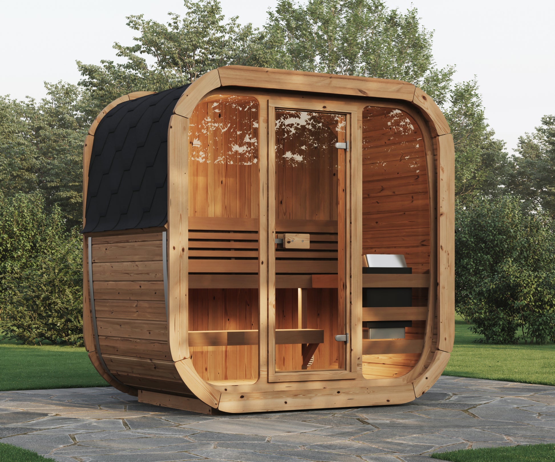 Cube 125 outdoor sauna with tempered glass door.