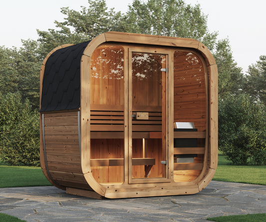 Cube 125 outdoor sauna with tempered glass door.